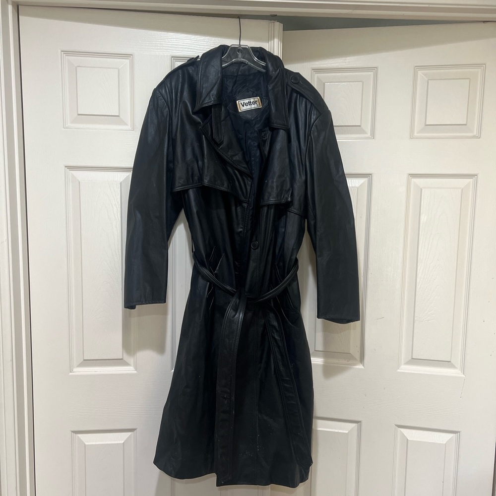 Vintage Vetter black leather Long Long trench coat Over Cost Large Grunge Gothic